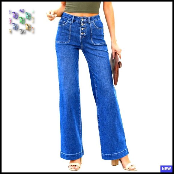 Denim - Straight Leg Jeans Stretchy Denim High Waisted Buttoned Wide Leg Pants